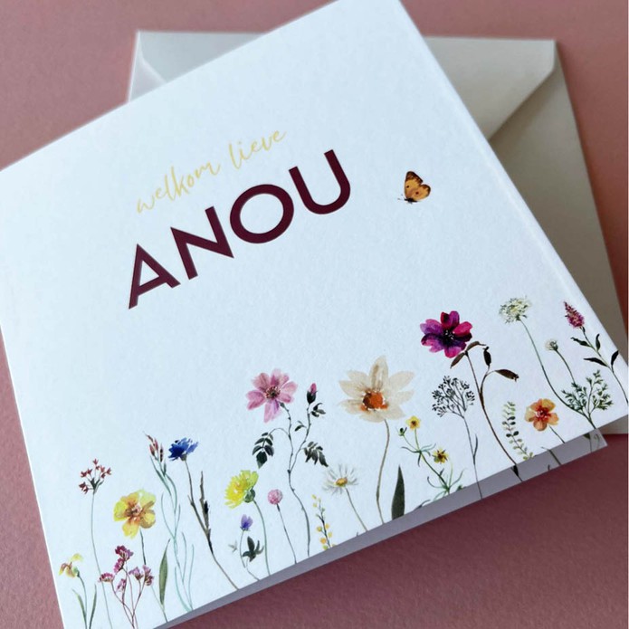 Geboortekaartje droogbloemen dochter vierkant