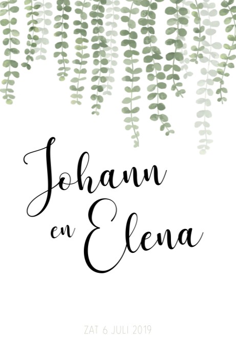 Botanische trouwkaart met eucaluptus en labeltje