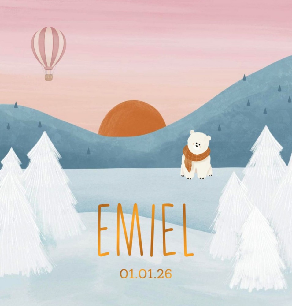 Geboortekaartje met winterlandschap en ijsbeer