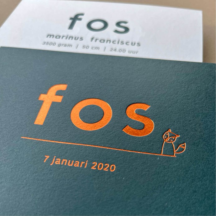 Jongens geboortekaartje met vosje in koperfolie