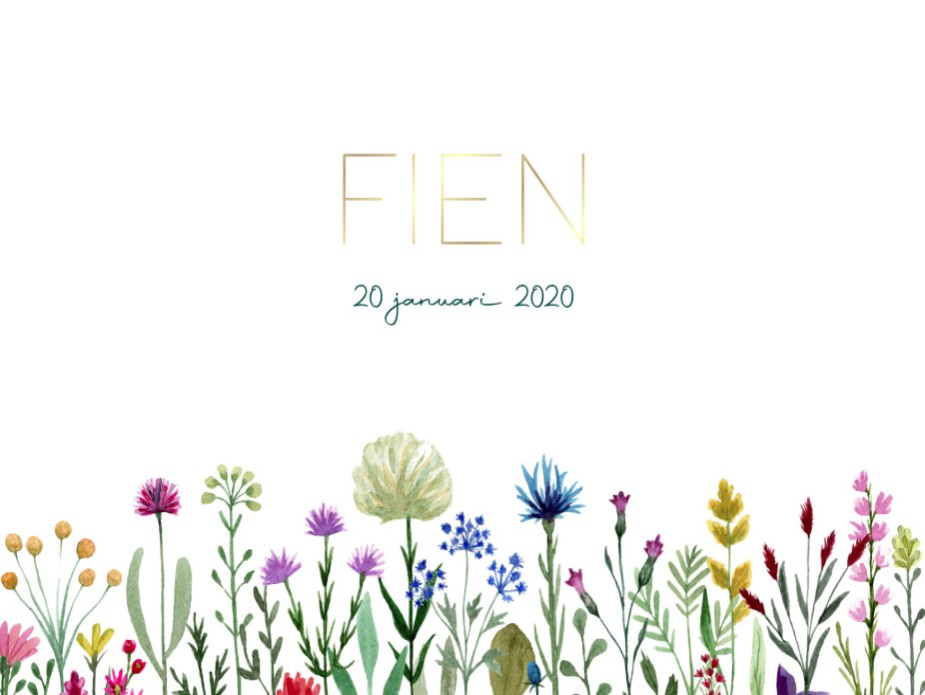 Hip gevouwen geboortekaartje met veldbloemen en goudfolie