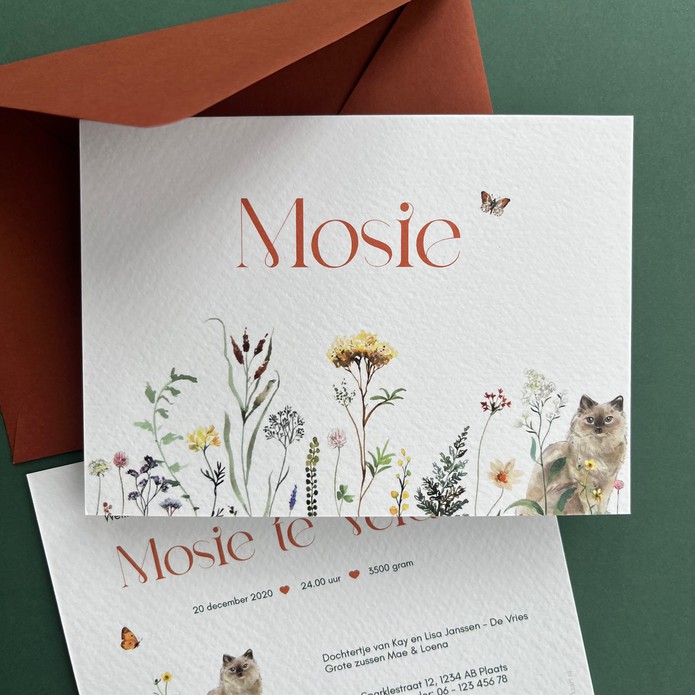 Romantisch geboortekaartje bloemen en poes