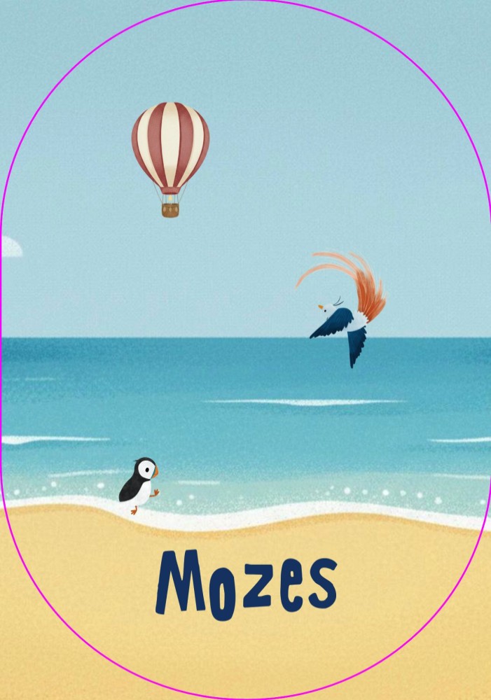 Illustratief en rustig ovaal geboortekaartje met strand en zee