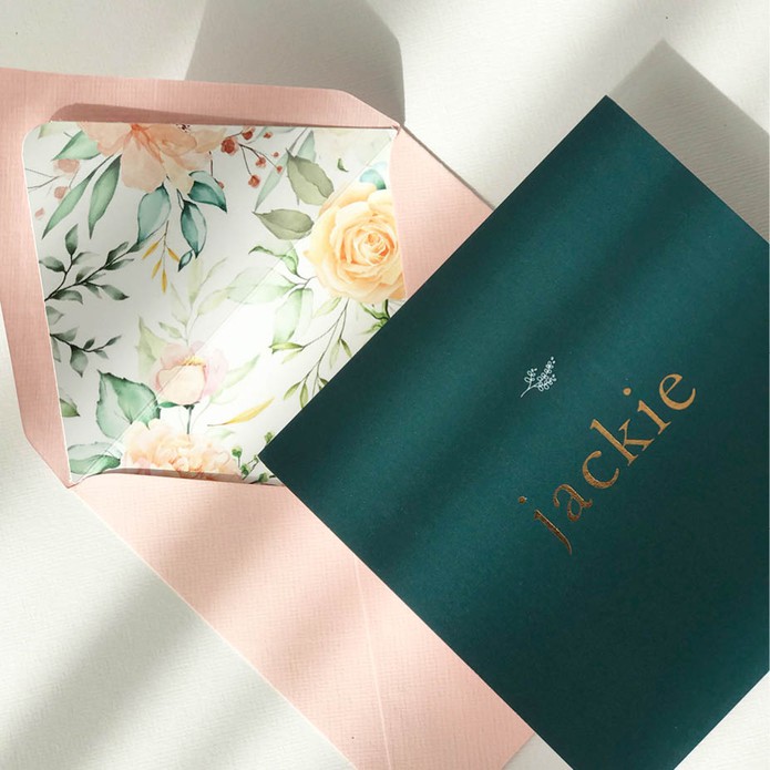 Petrolkleurig geboortekaartje, strak met takje en goudfolie