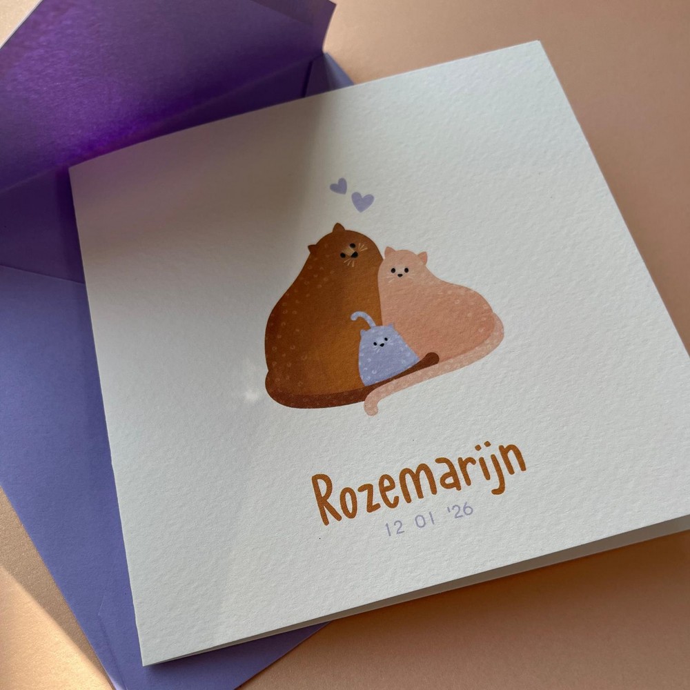 Lief illustratief geboortekaartje met een kattenfamilie in zachte tinten