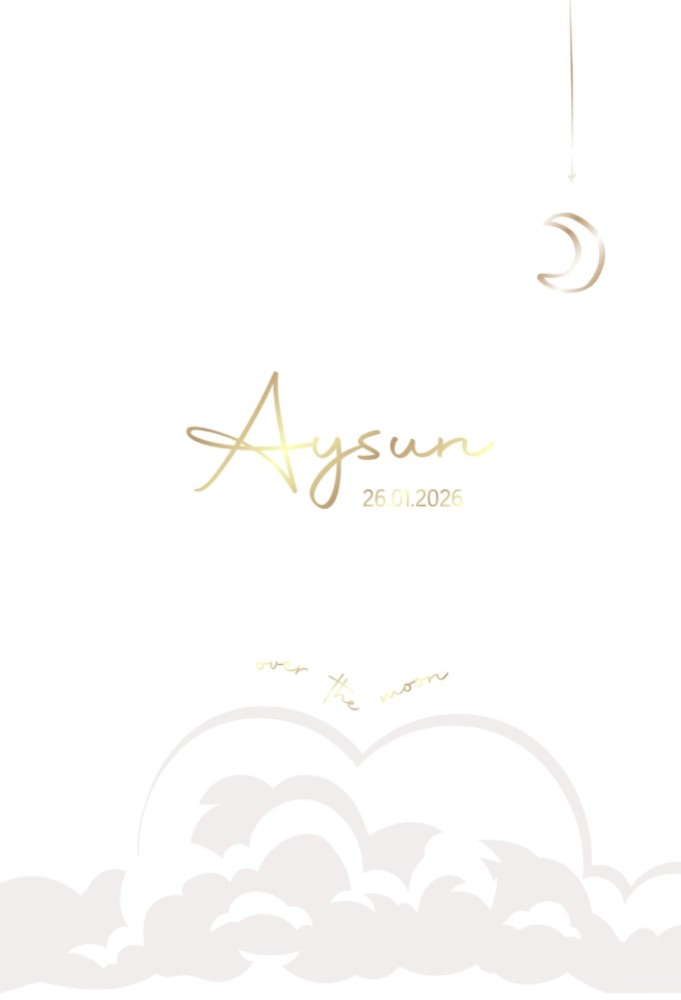 Luxe gevouwen geboortekaartje met reliëf wolken en goudfolie naam