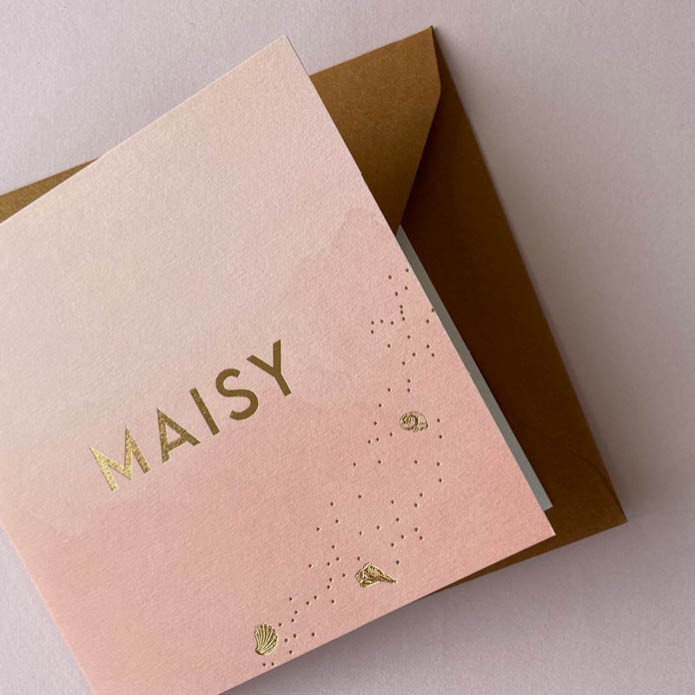 Watercolor geboortekaartje oudroze met koperfolie meisje