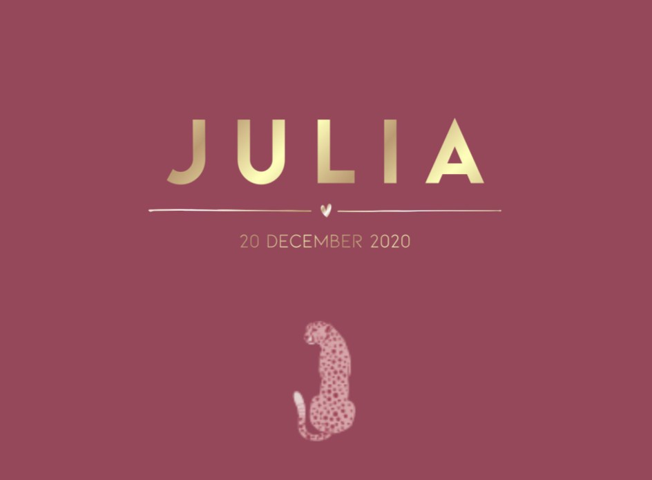 Mooi vintage paarsroze geboortekaartje met goudfolie en roze panter