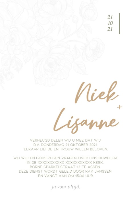 Luxe trouwkaart met goudfolie en blinddruk bloemen
