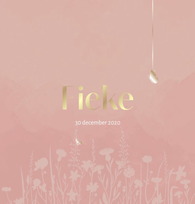 Romantisch geboortekaartje met bloemenveld en goudfolie