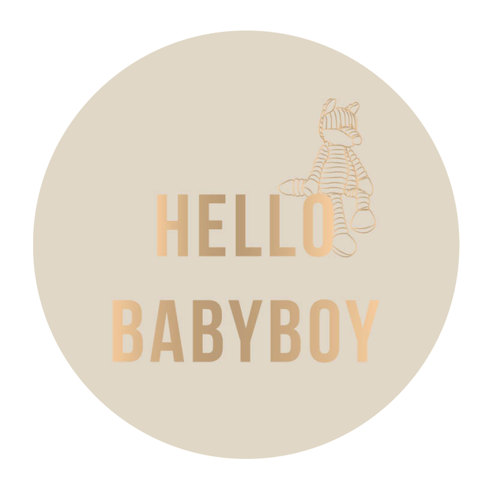 Sluitsticker beige, babyboy met gouden vos knuffel