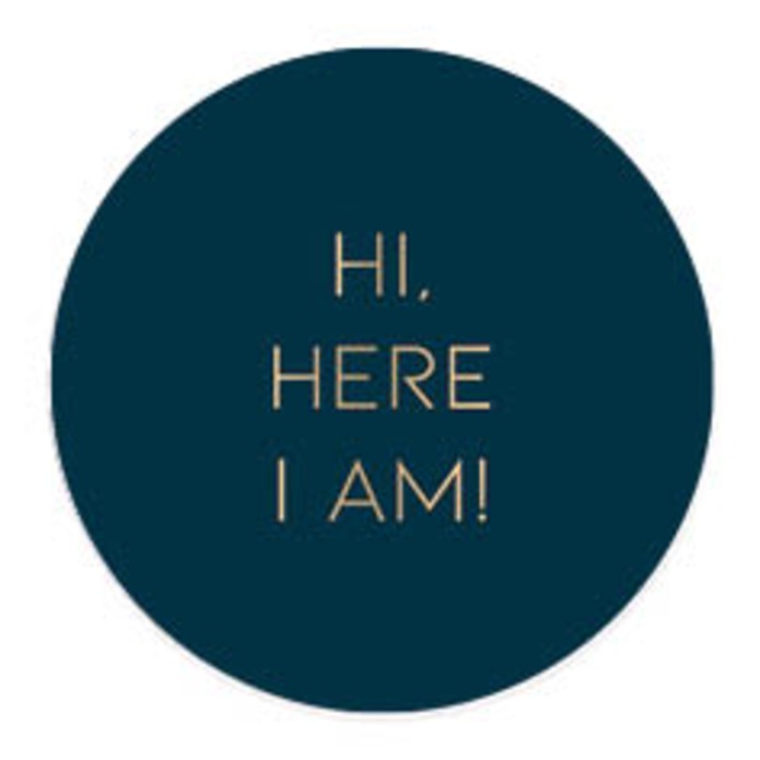 Sluitsticker petrol, gouden tekst here i am