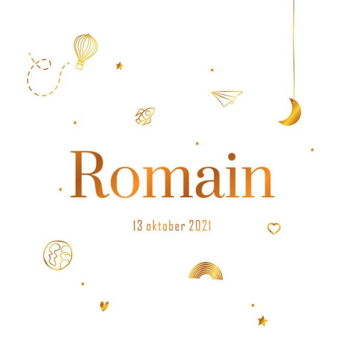 Speels geboortekaartje met bronzen icoontjes en klassieke letter