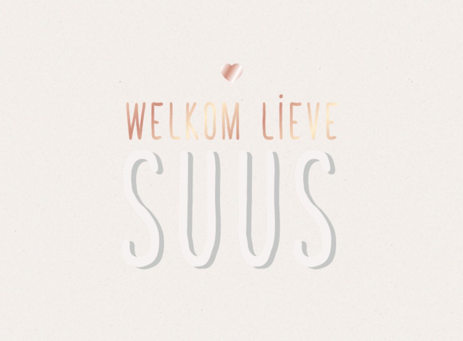 Chique geboortekaartje met voelbare naam en folie op spikkel papier