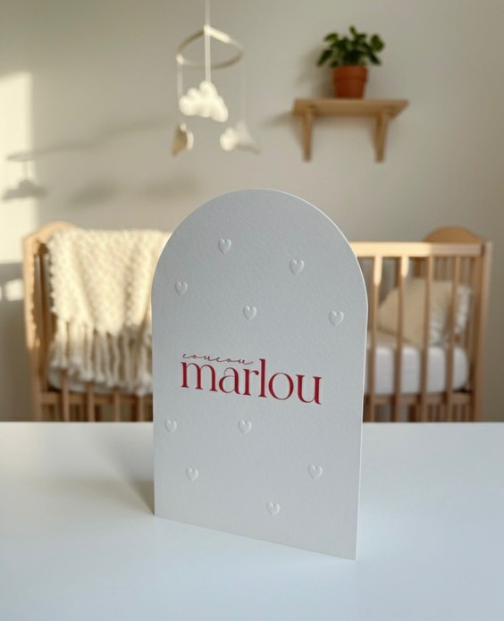 Uniek geboortekaartje met reliëfdruk hartjes en ronde boogvorm