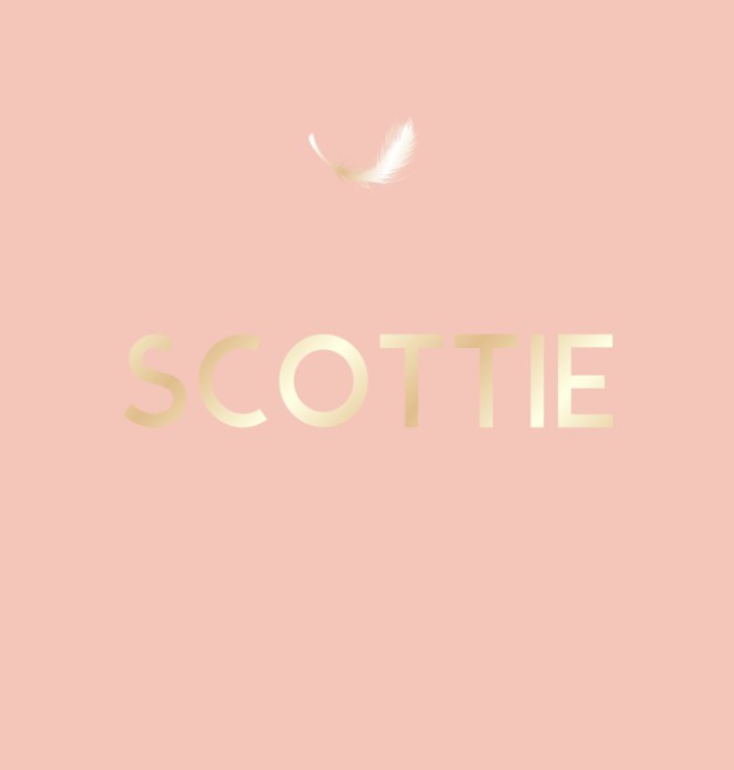 Vierkant roze geboortekaartje met veertje in goudfolie