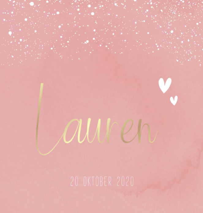 Waterverf geboortekaartje in lief roze met gouden naam