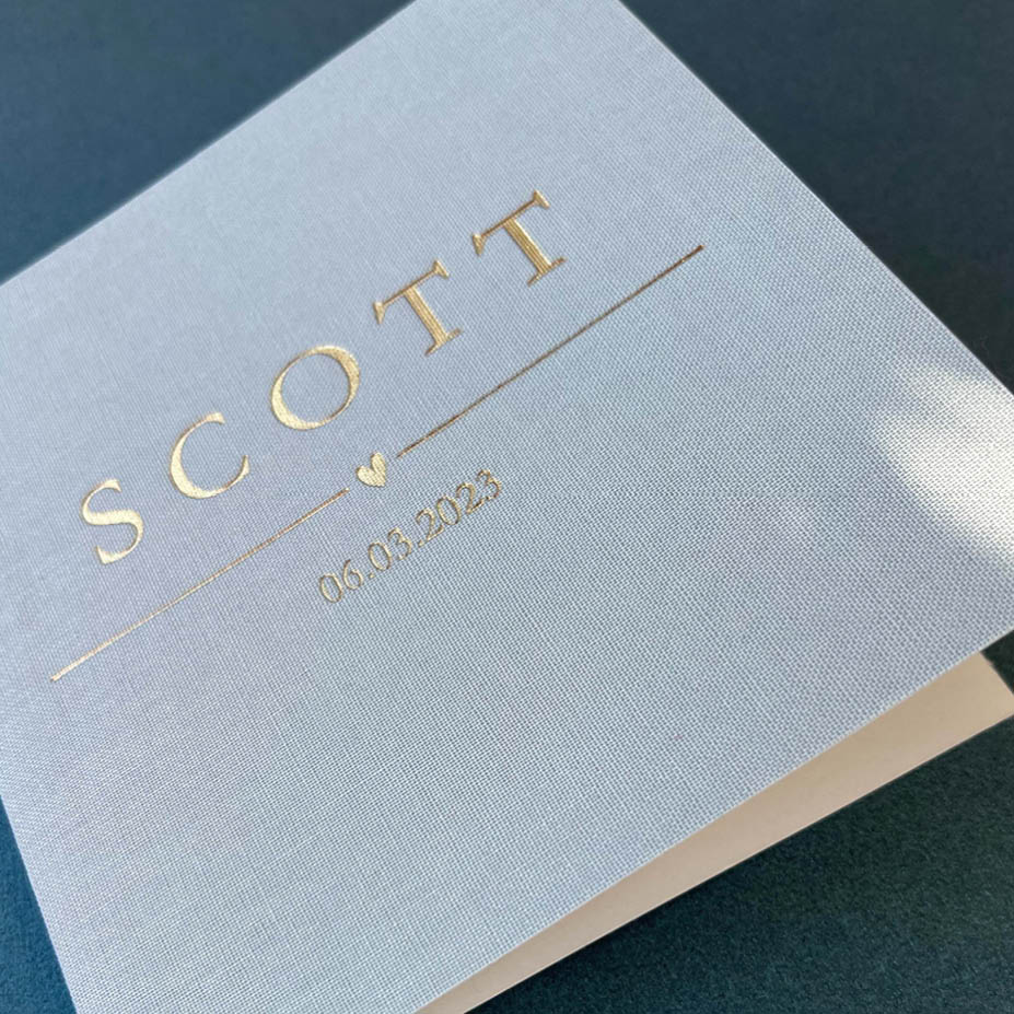 Azuurblauw linnen + goudfolie | Origineel kaartje zelf maken